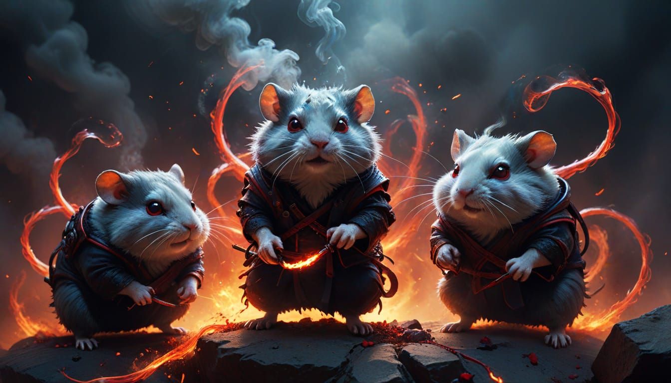 ninja hamsters fight a monster made of smoke and madness