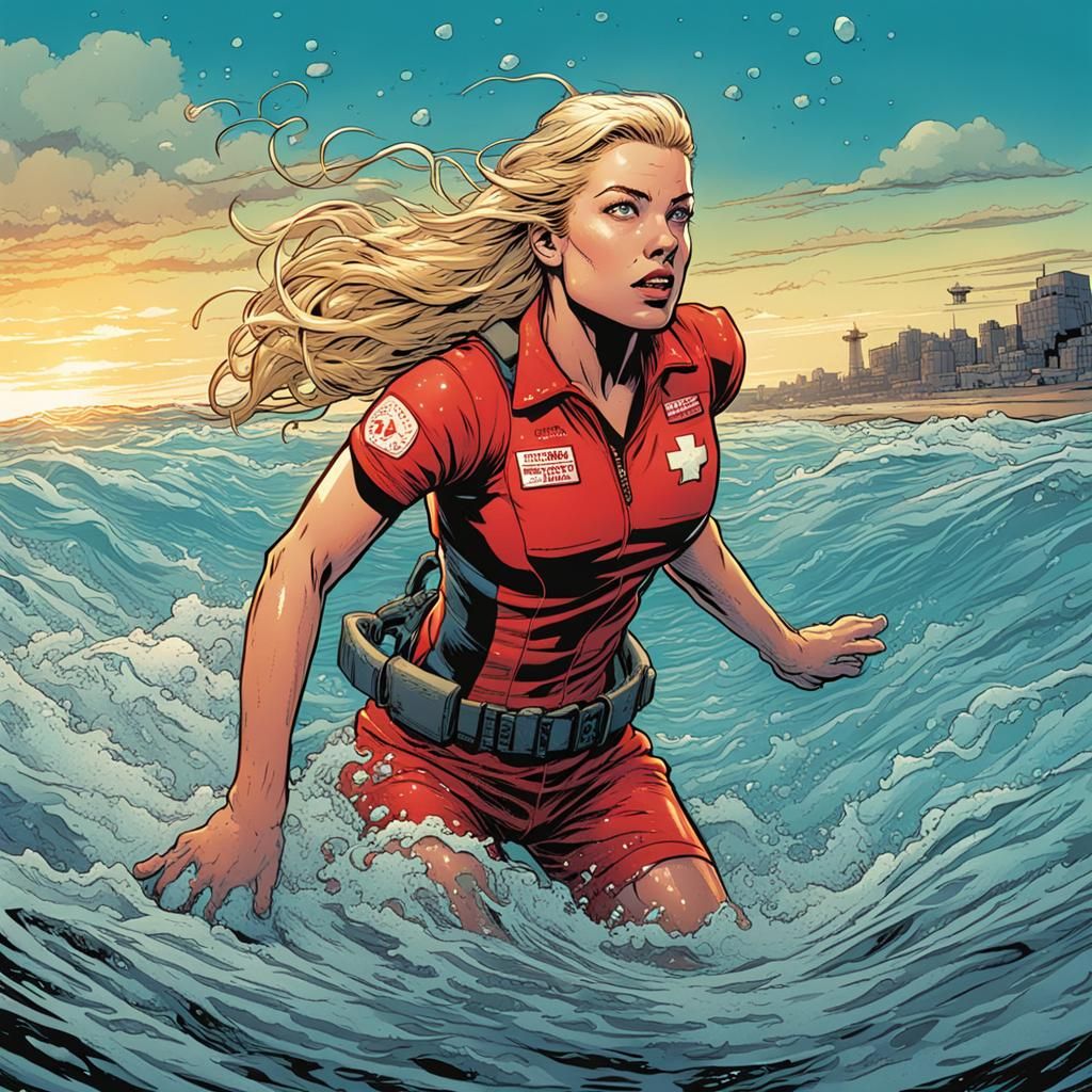 Lifeguard Rescue: Comic Book Style Beach Scene