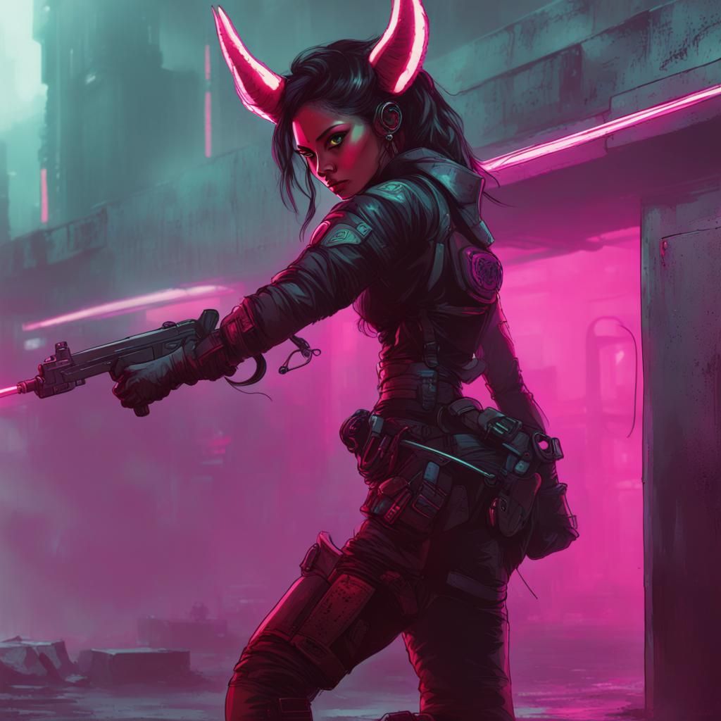 Tiefling Soldier in Cyberpunk Neon Warscape