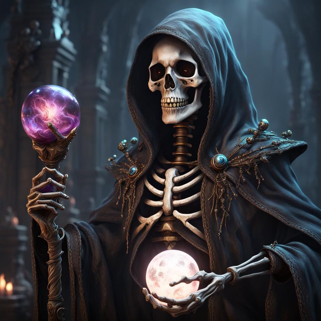 Undead Skeleton Mage with Crystal Orb in Fantasy Art