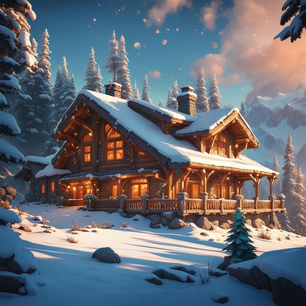 Snowy Lodge in Mountain Range: Hyperdetailed Concept Art