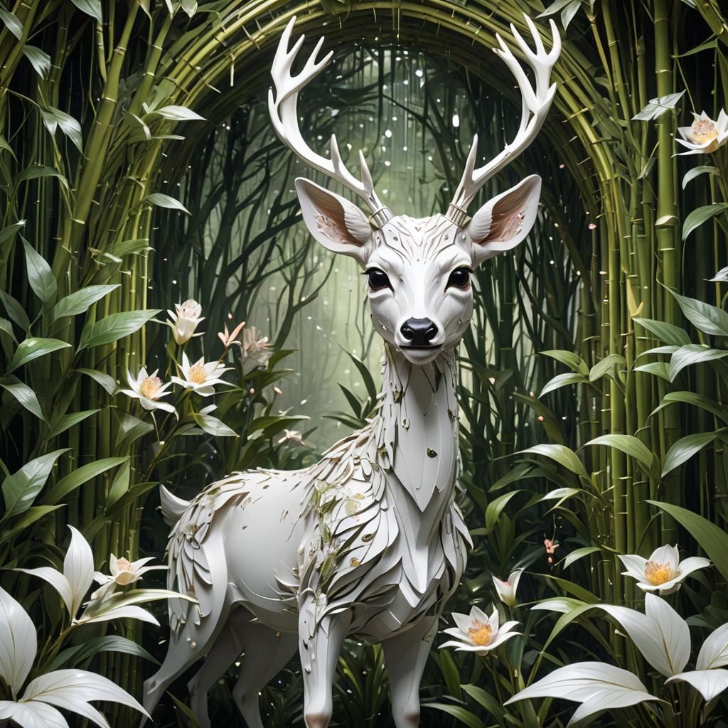 Robotic White Deer in Magical Bamboo Forest