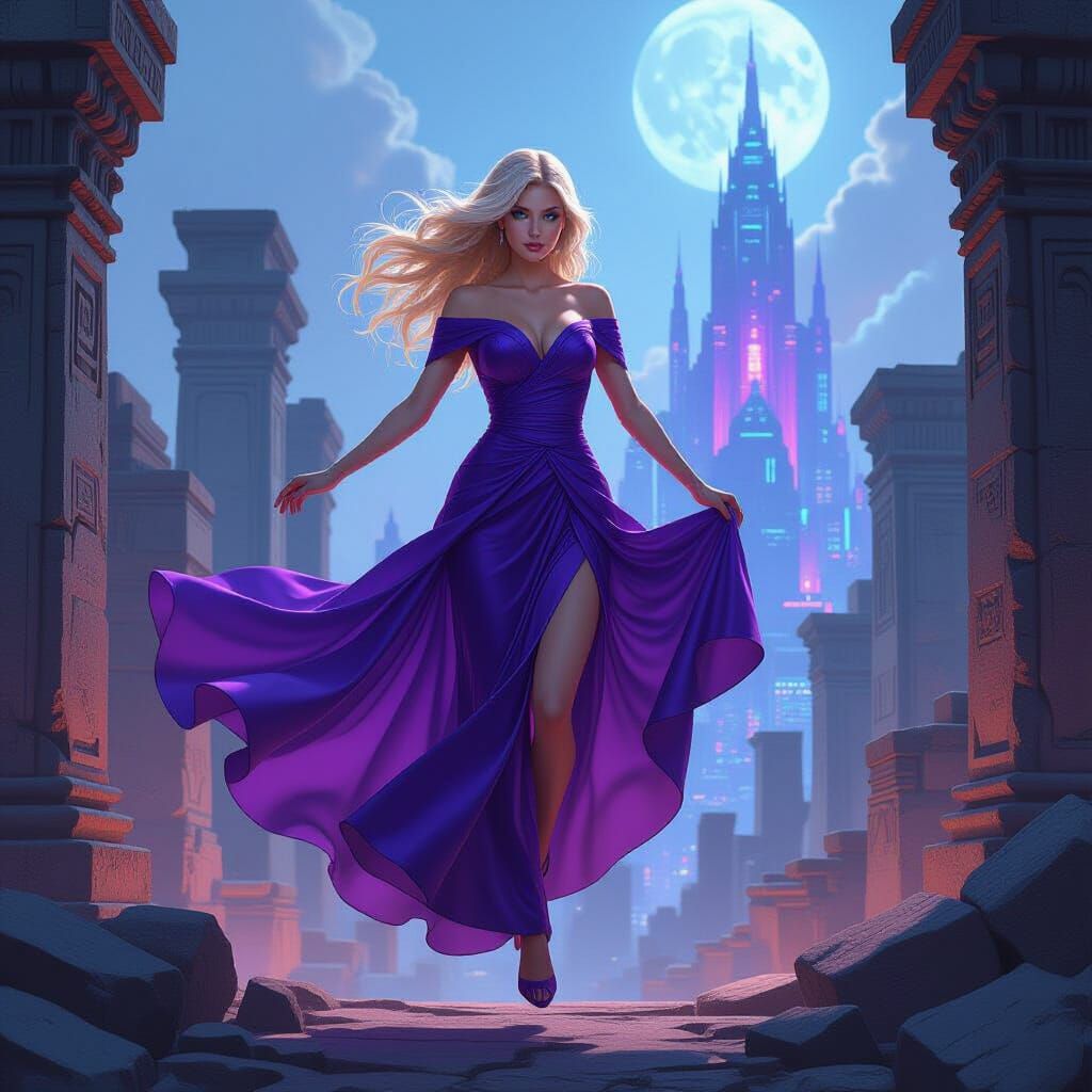 Woman Leaping Between Worlds in Cyberpunk Style