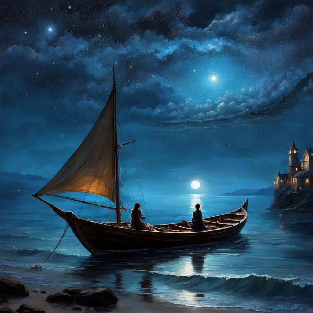 A Romantic Fairytale Scene Under Celestial Lights