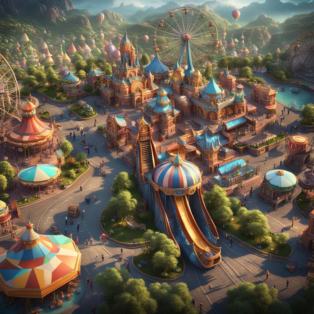 Utopian Theme Park City: Colorful Fantasy Art