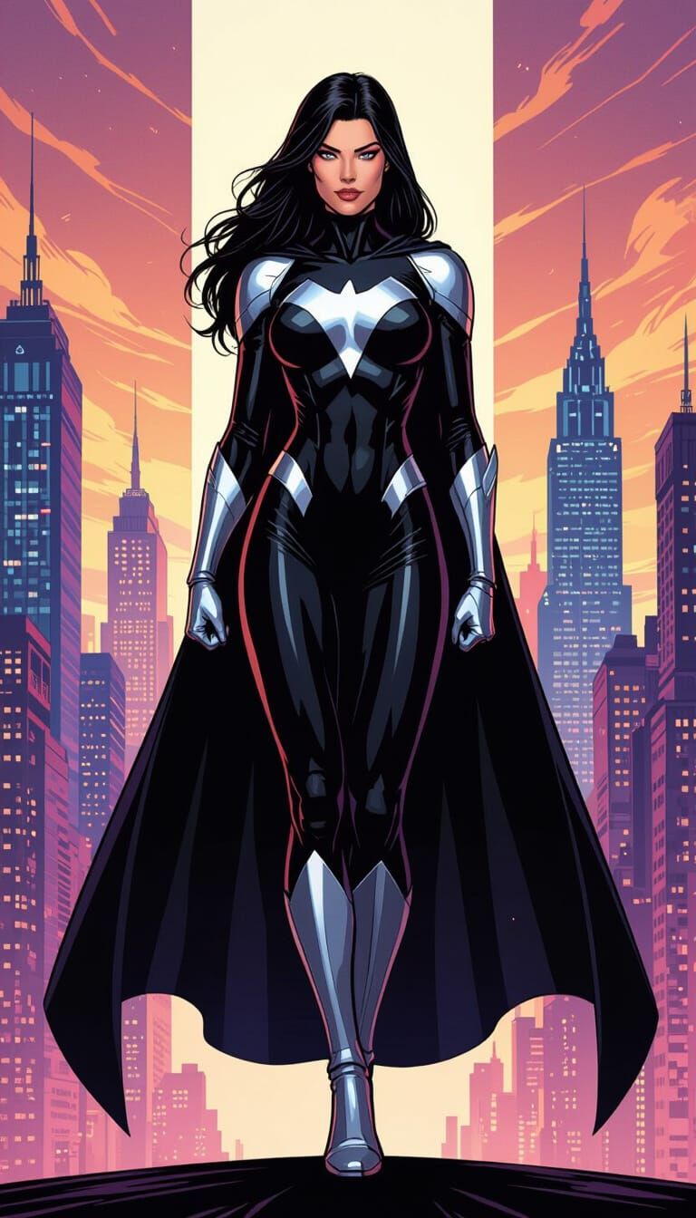 Dynamic Superheroine Ultraa in Stylized Cityscape Art