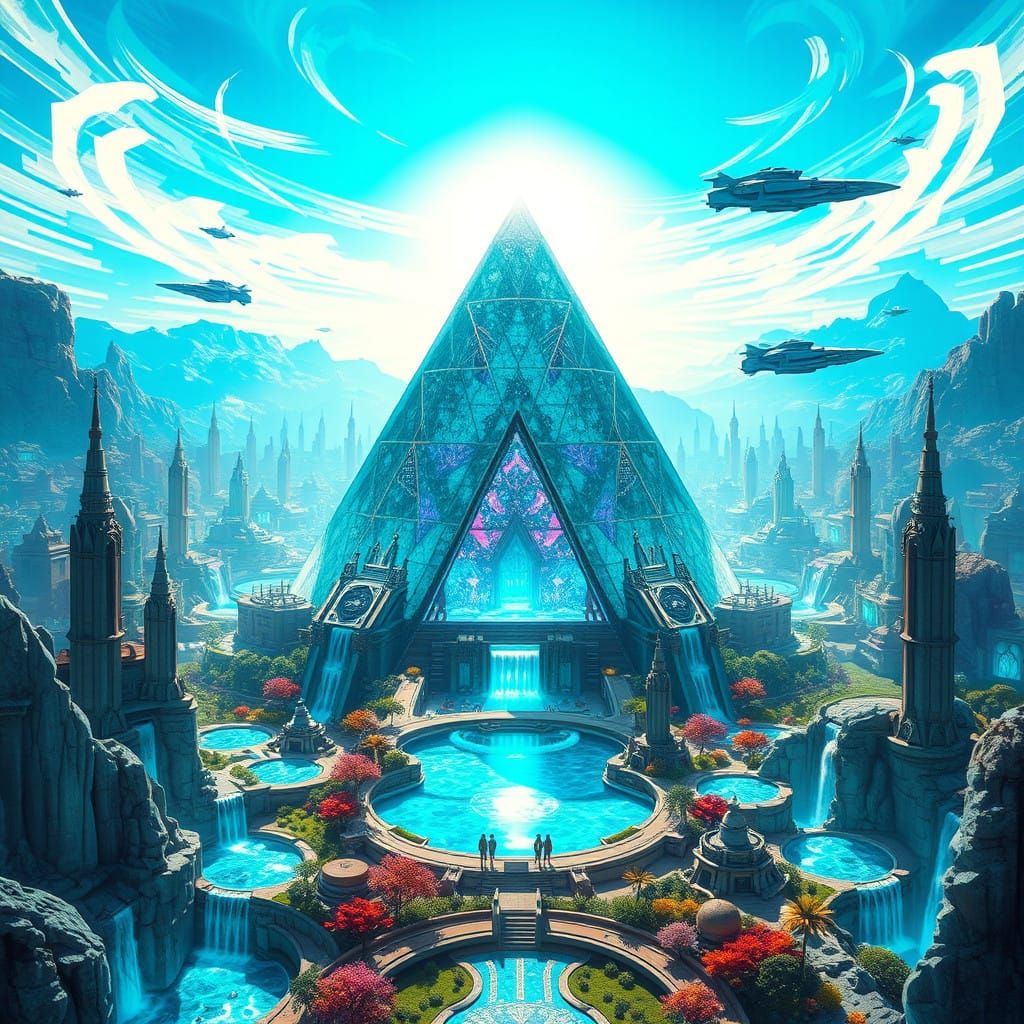 Crystal Pyramid in Xyloxian Metropolis at Sunset