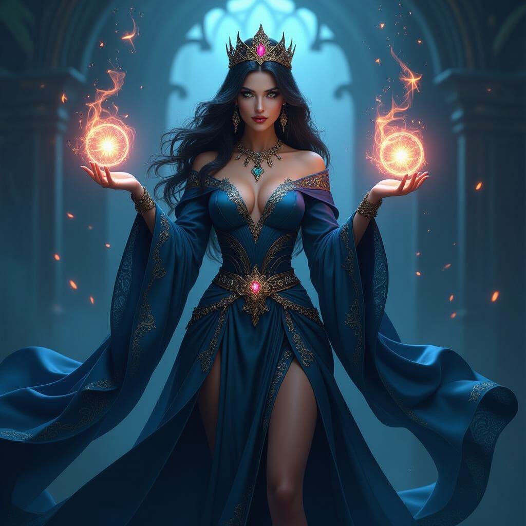 Sorceress Queen Casting Spells in Ultra Realistic Fantasy Po...