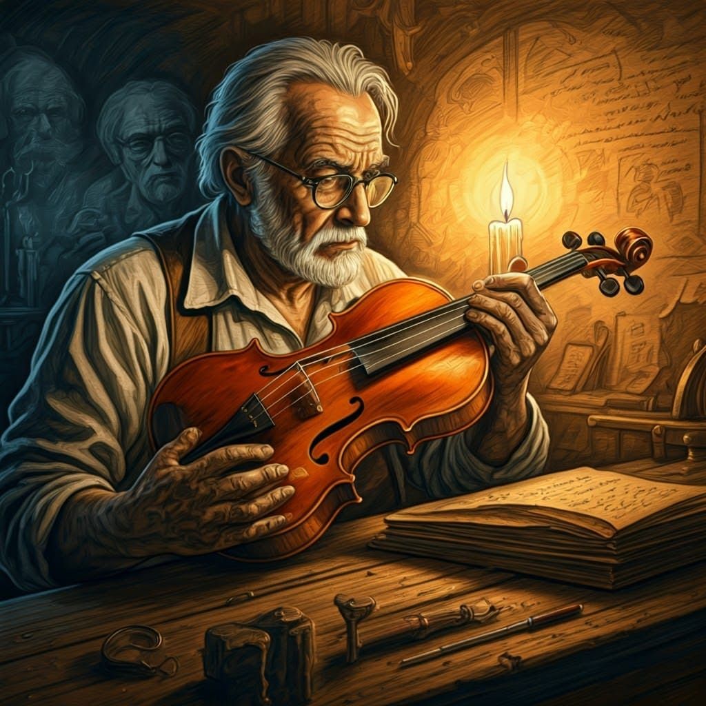 Surreal Violin Maker in Flickering Candlelight