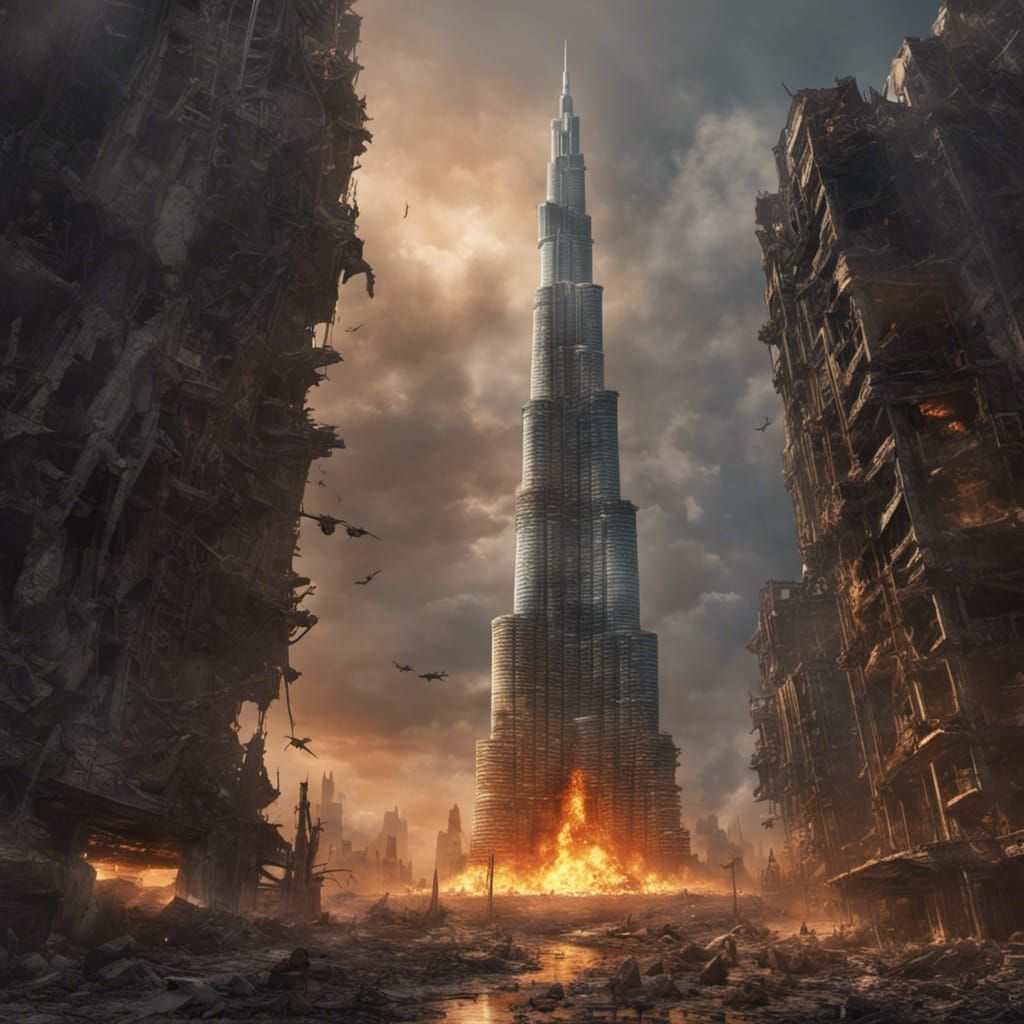 Post-Apocalyptic Ruined Burj Khalifa in Dark Fantasy Art