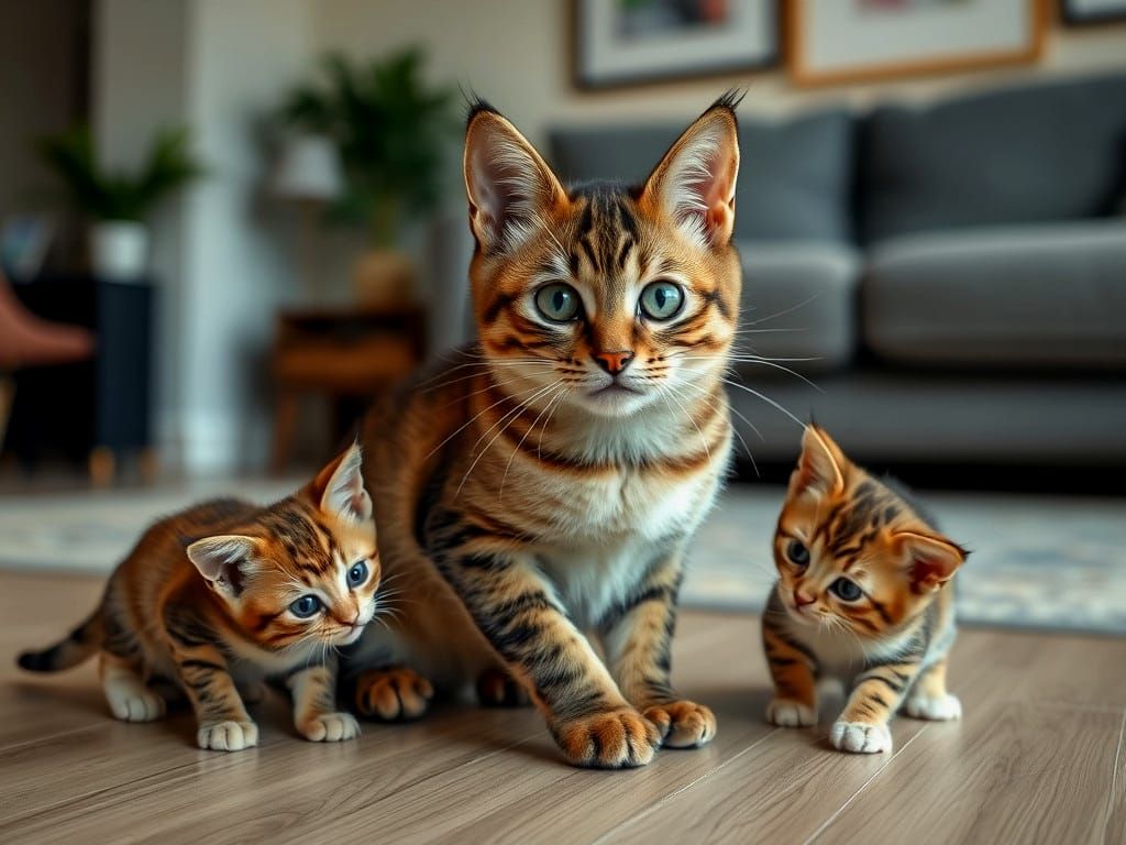Sokoke Cat and Kittens Playing: A Photorealistic Scene