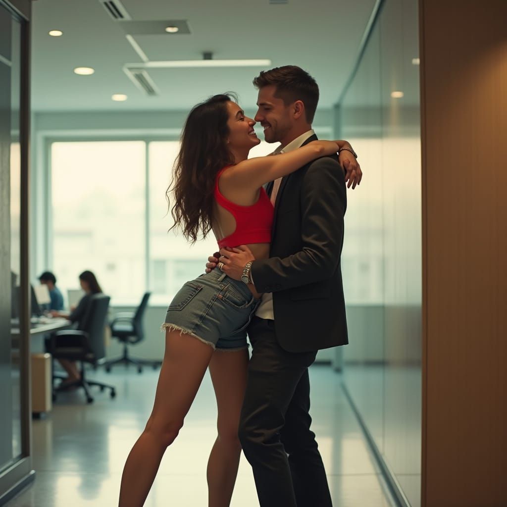 Tall Woman Teases Colleague in Modern Office