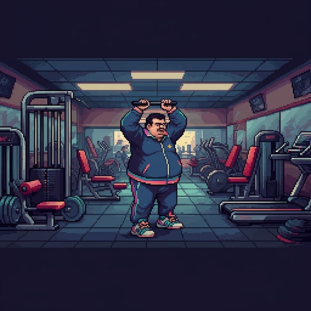 8-bit Pixel Art: Man Exercising in Retro Gym