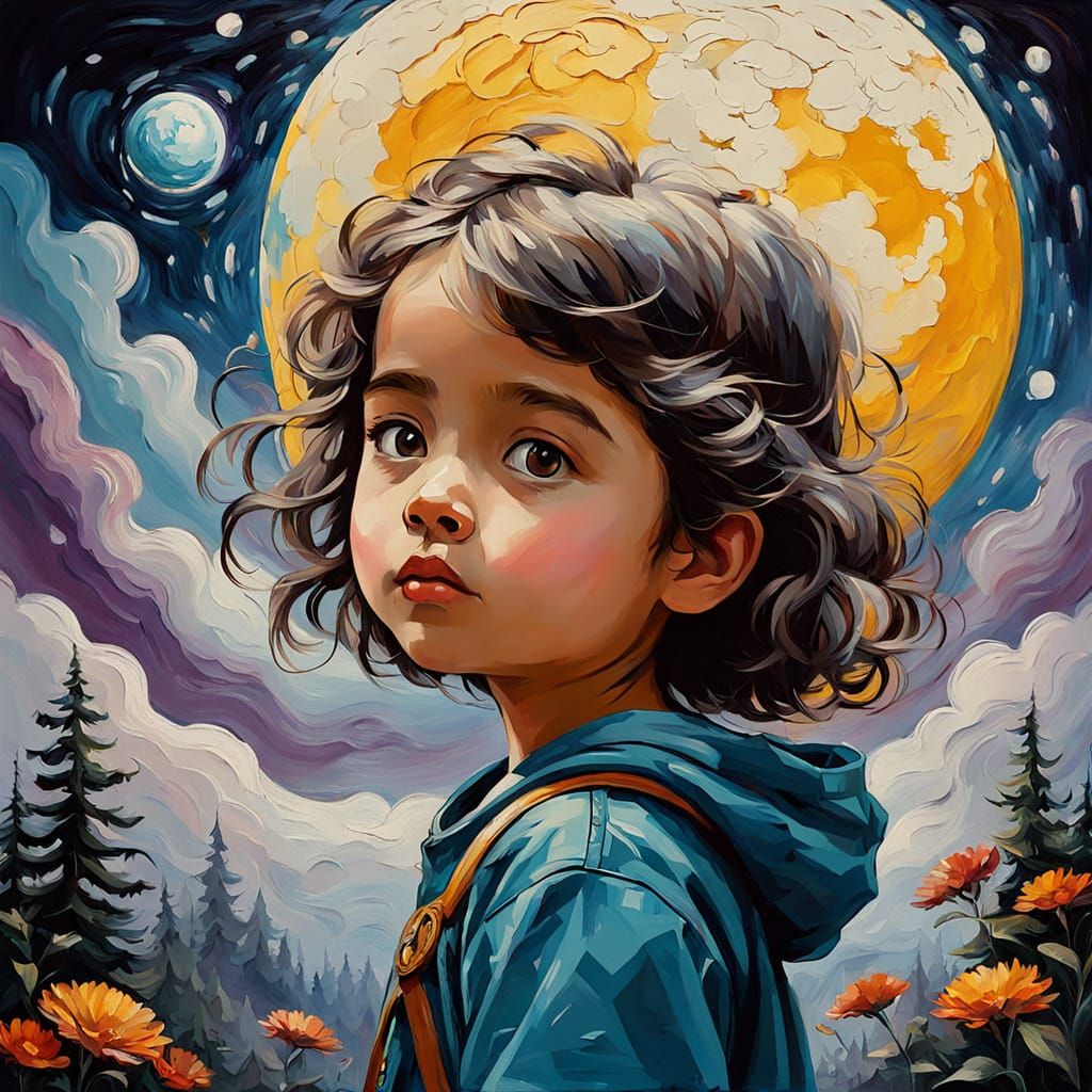 Child Sleeping on Moon in Neo-Impressionist Style