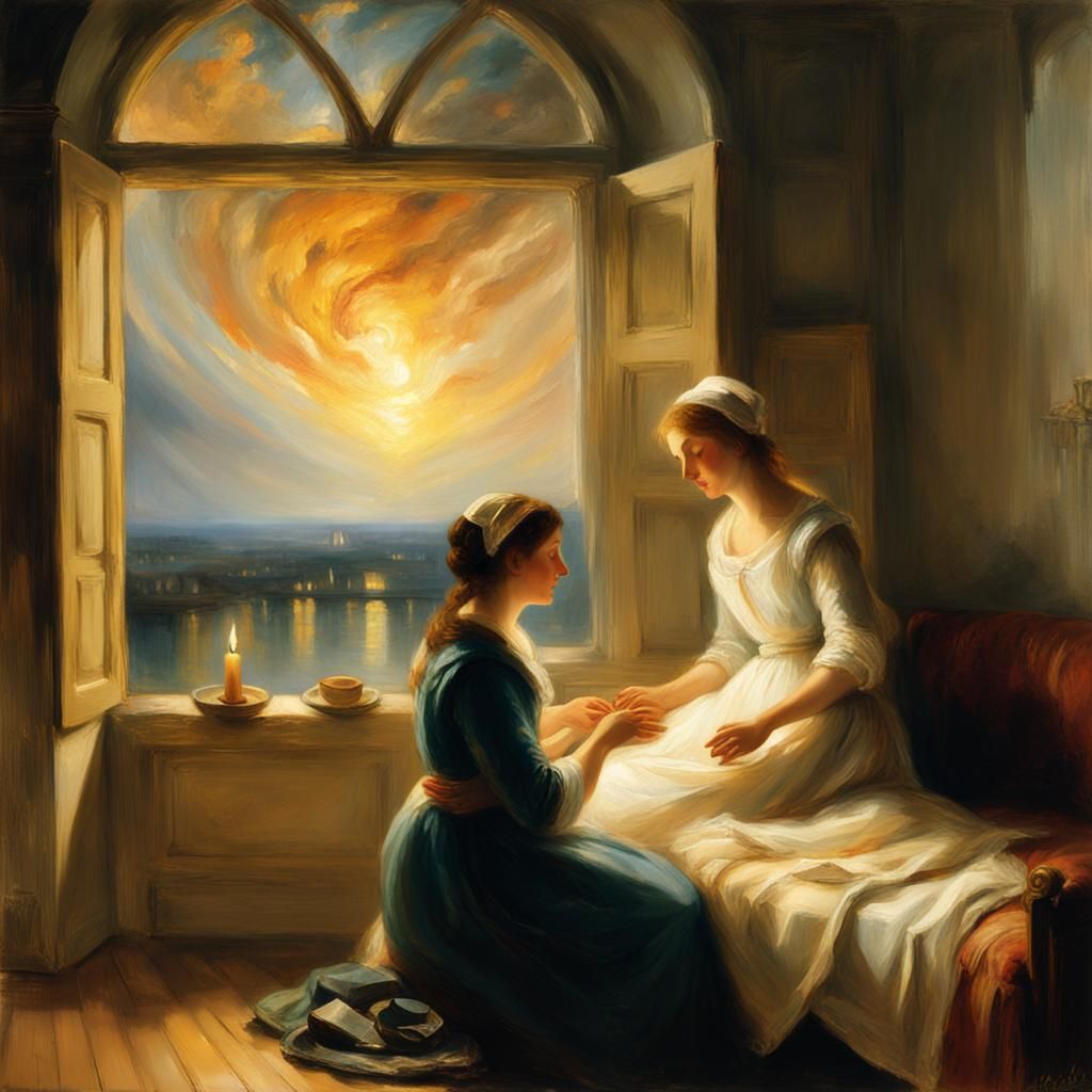 Juliet and Nurse in Candlelight: A Romantic Painting
