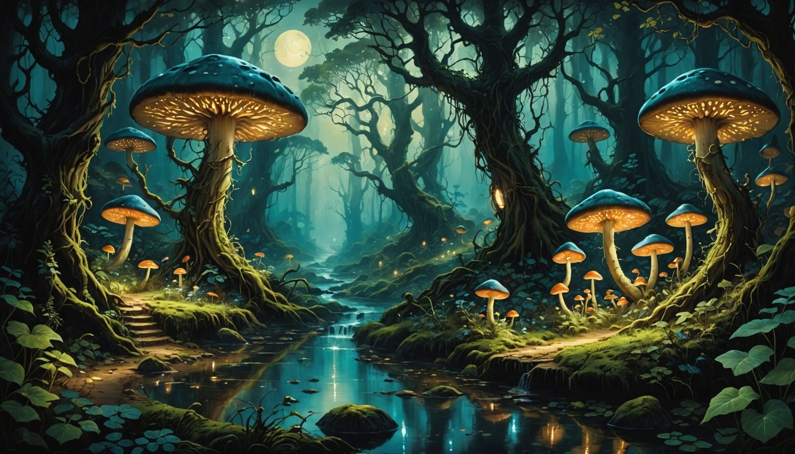 Mystical Forest with Bioluminescent Flora in Oil Painting St...
