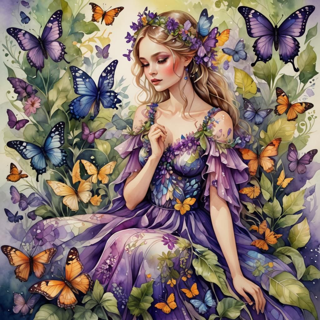 Beautiful Fairy Woman in Purple Watercolor Style