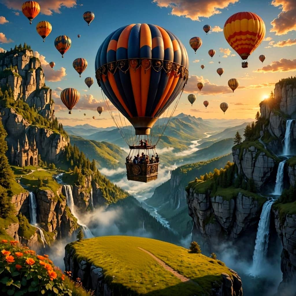 Iron Bed Hot Air Balloon Flying Over Enchanted Landscape