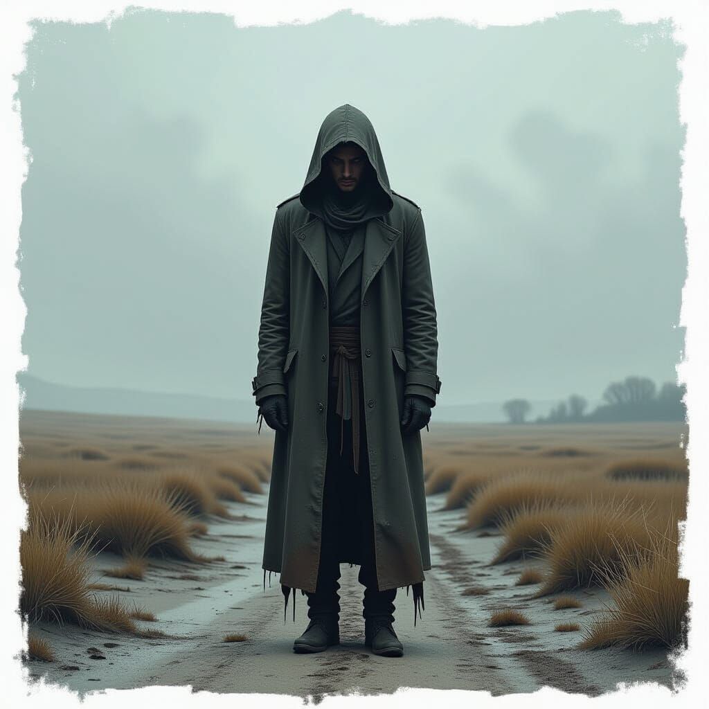 Melancholy Figure in Desolate Landscape, Moody Art