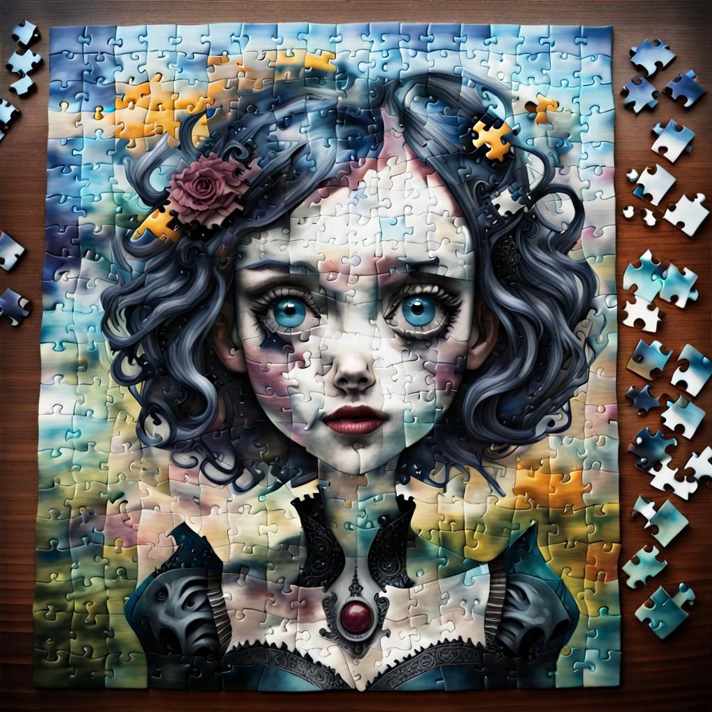 Puzzle Piece Figure in Gothic Pop Surrealism Style