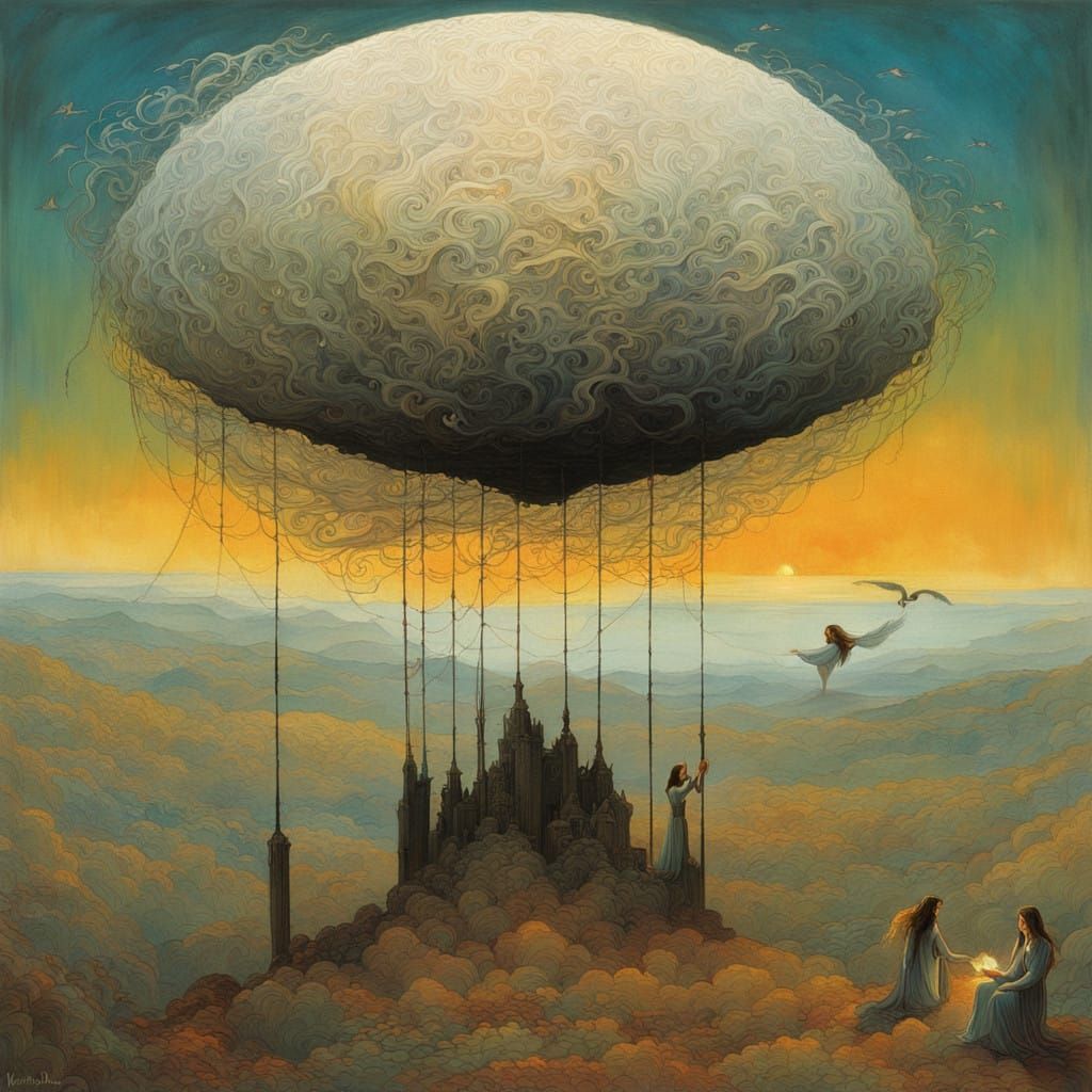 Surrealist Woman Amidst Whirling Sunset with Mythical Creatu...