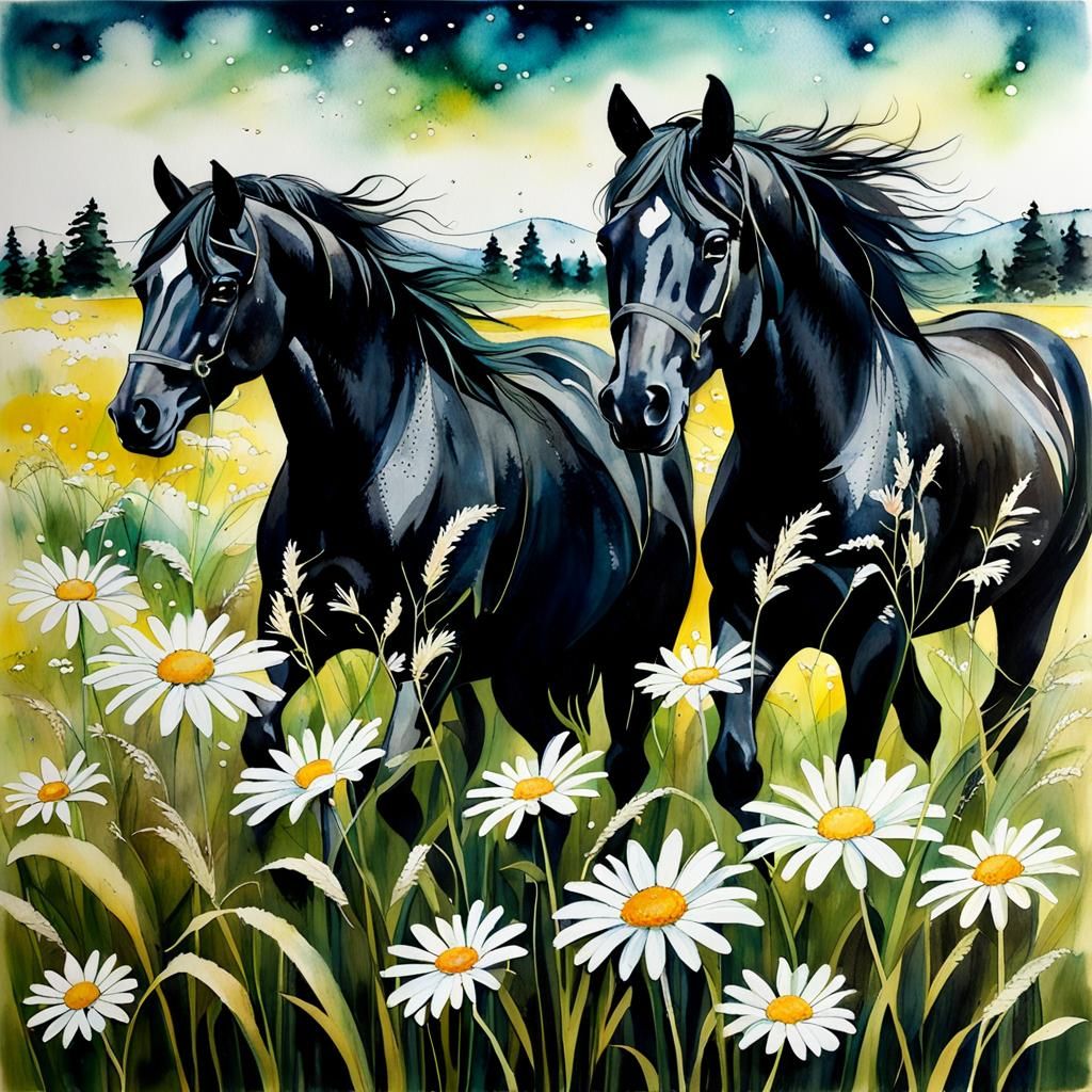 Black Horses in Field of Daisies, Alcohol Ink Art