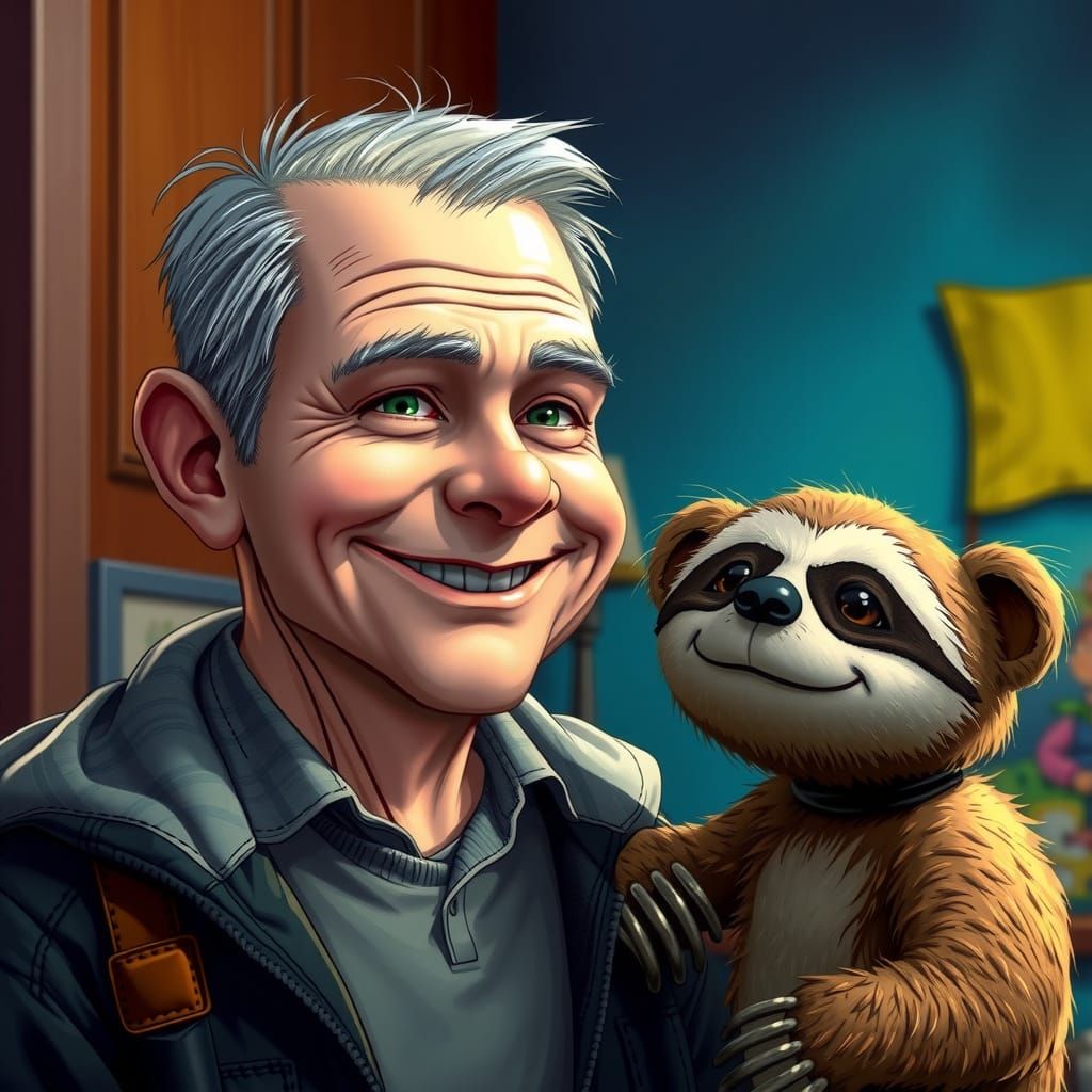 Calvin and Hobbes wher Calvin is an older beardless balding gray haired beardless man with no beard and Hobbes is a stuf...