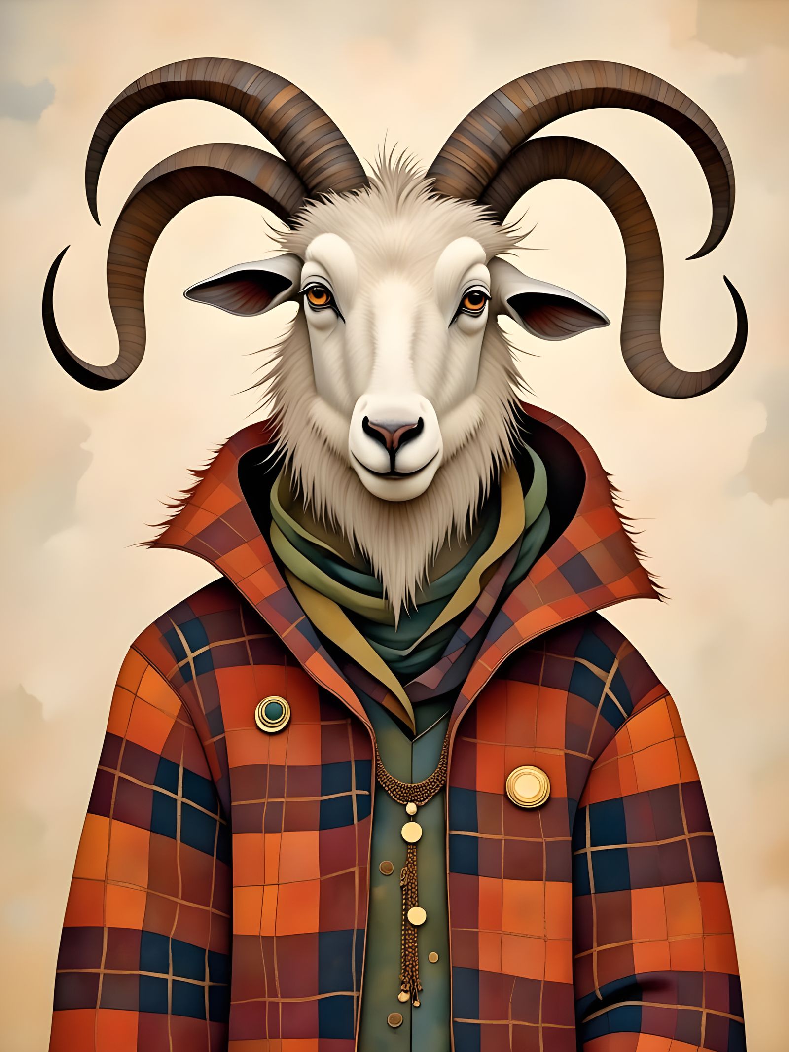 Cartoon Pagan Goat Portrait in Scottish Plaid