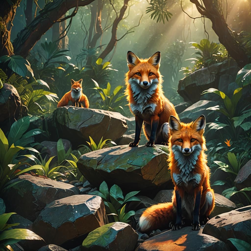 Foxes in Jungle with Glowing Fur: Concept Art