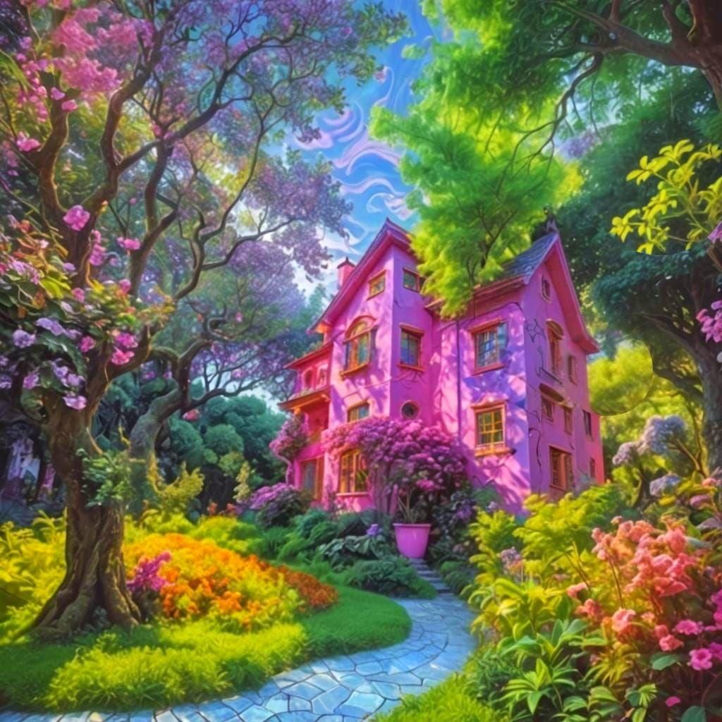Psychedelic Pink House in a Brilliant Garden
