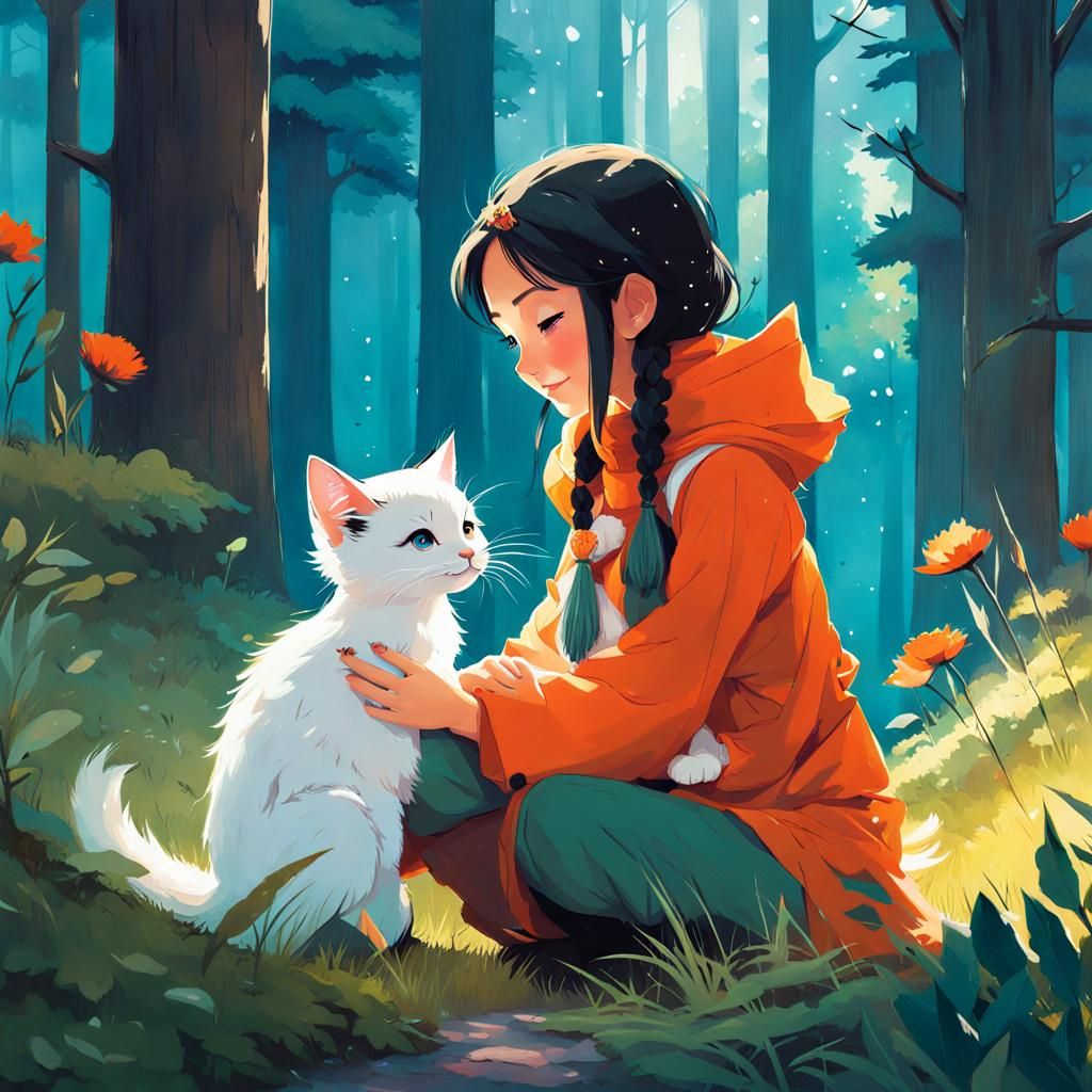 Forest Princess Hugging Kitten, Gouache Style