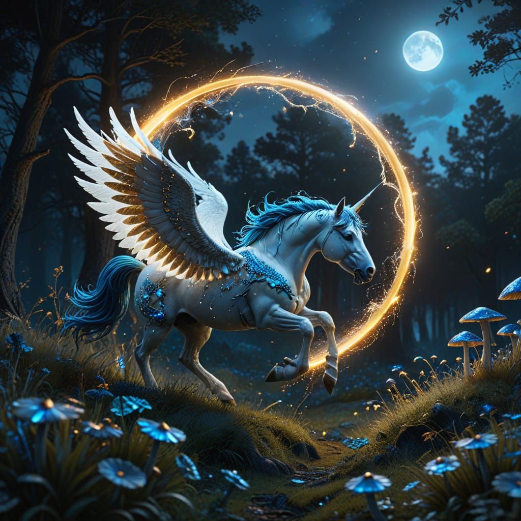 Mystical Pegasus Flies to Moon in Enchanted Forest