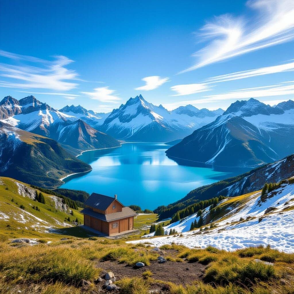 Mountain View Overlooking Snowy Lake and Cabin