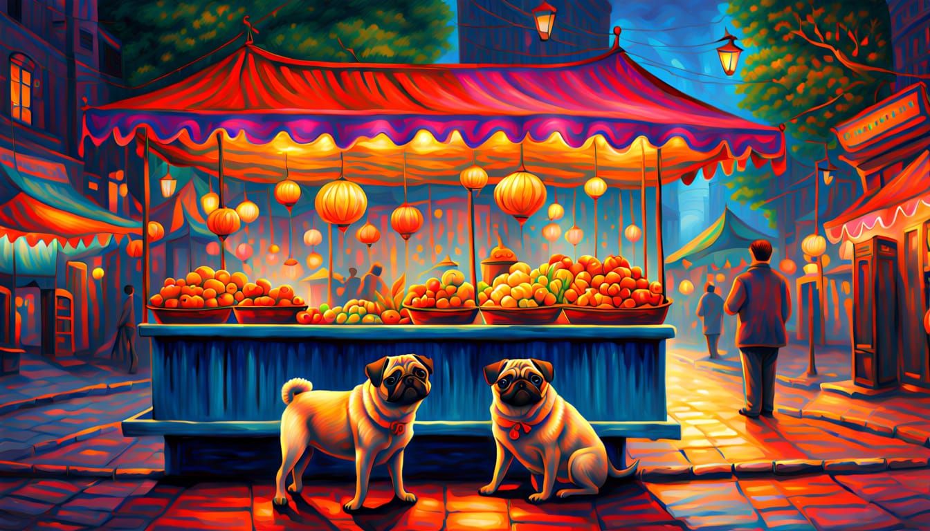 Whimsical Night Market Scene in Vibrant Oil Painting Style