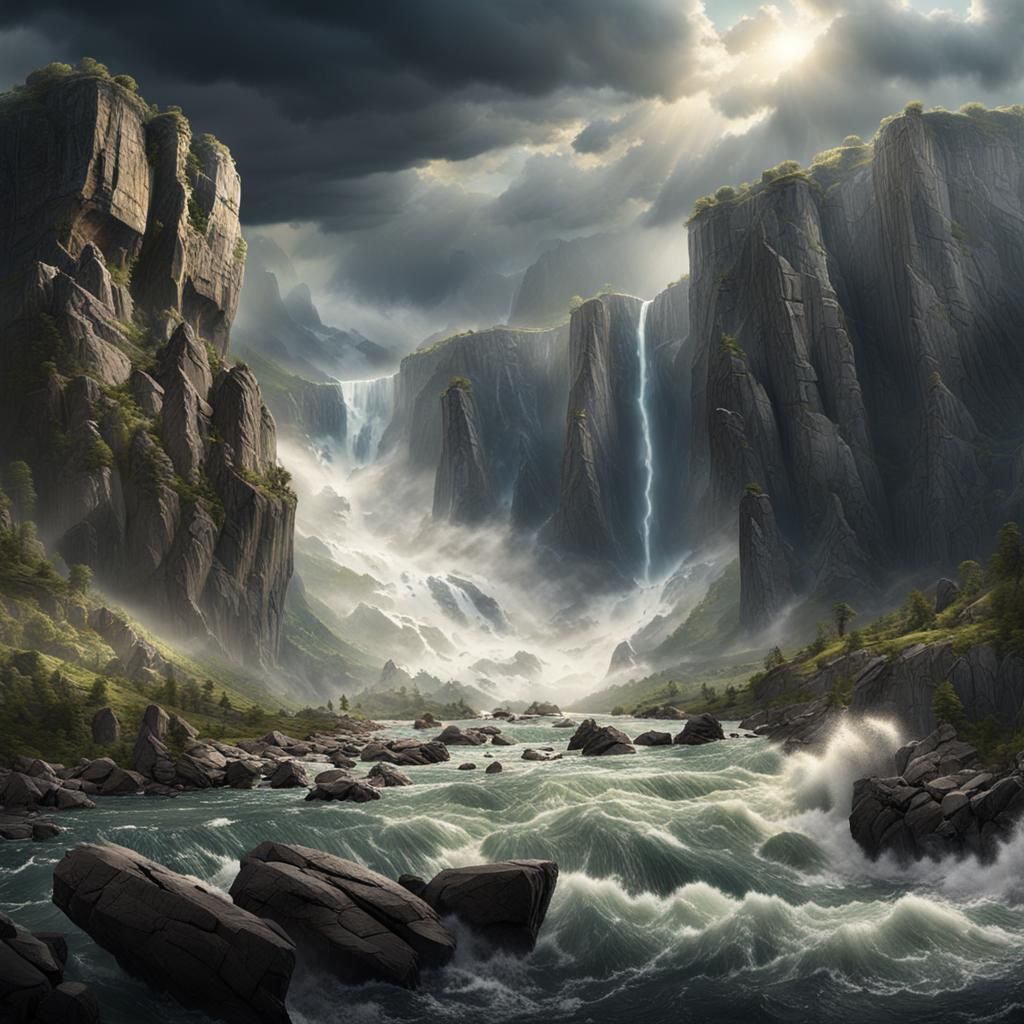 Raging River Crashing Against Cliff: Cinematic Landscape