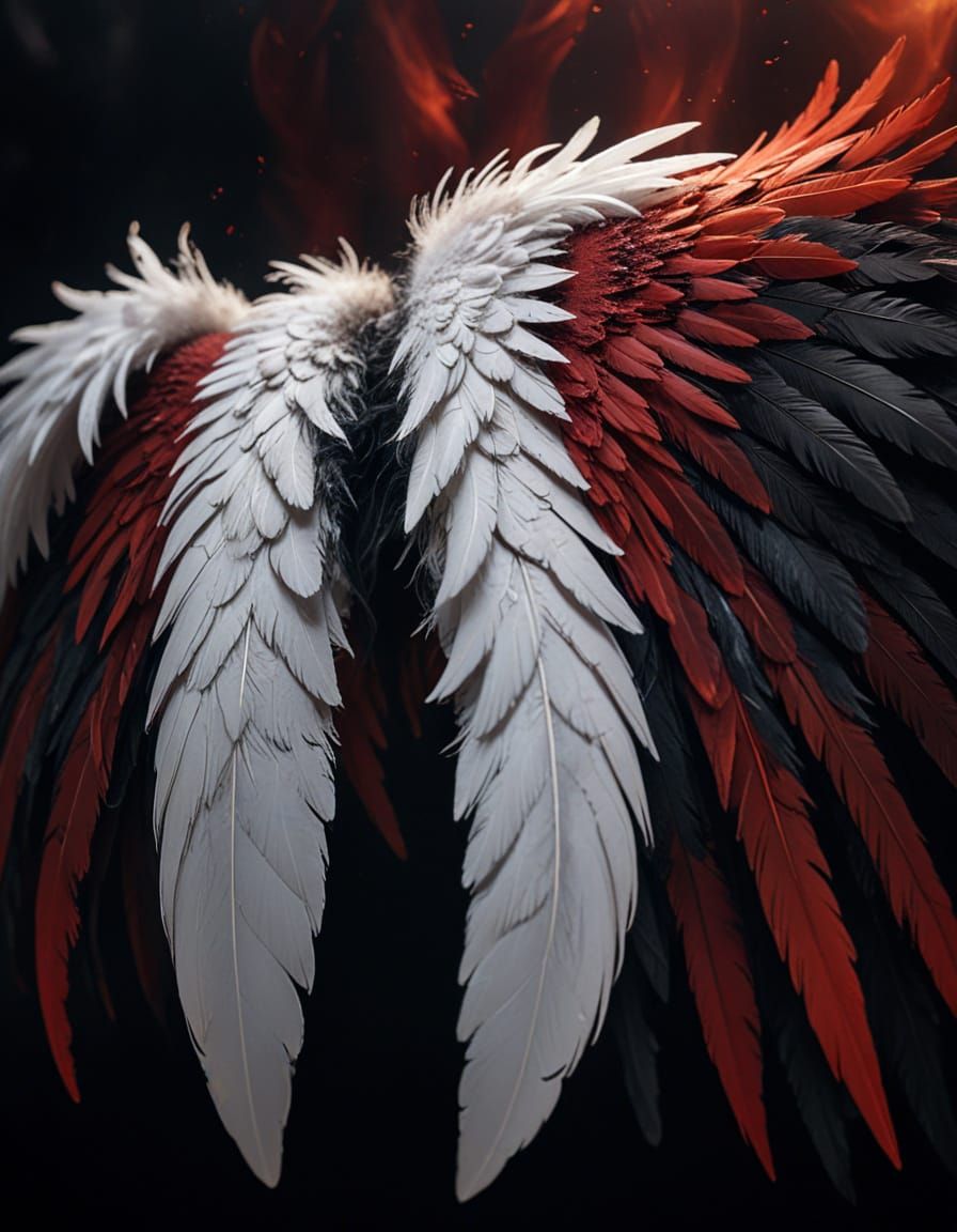 White Angel Wings in Black Abyss: Cinematic Close-Up