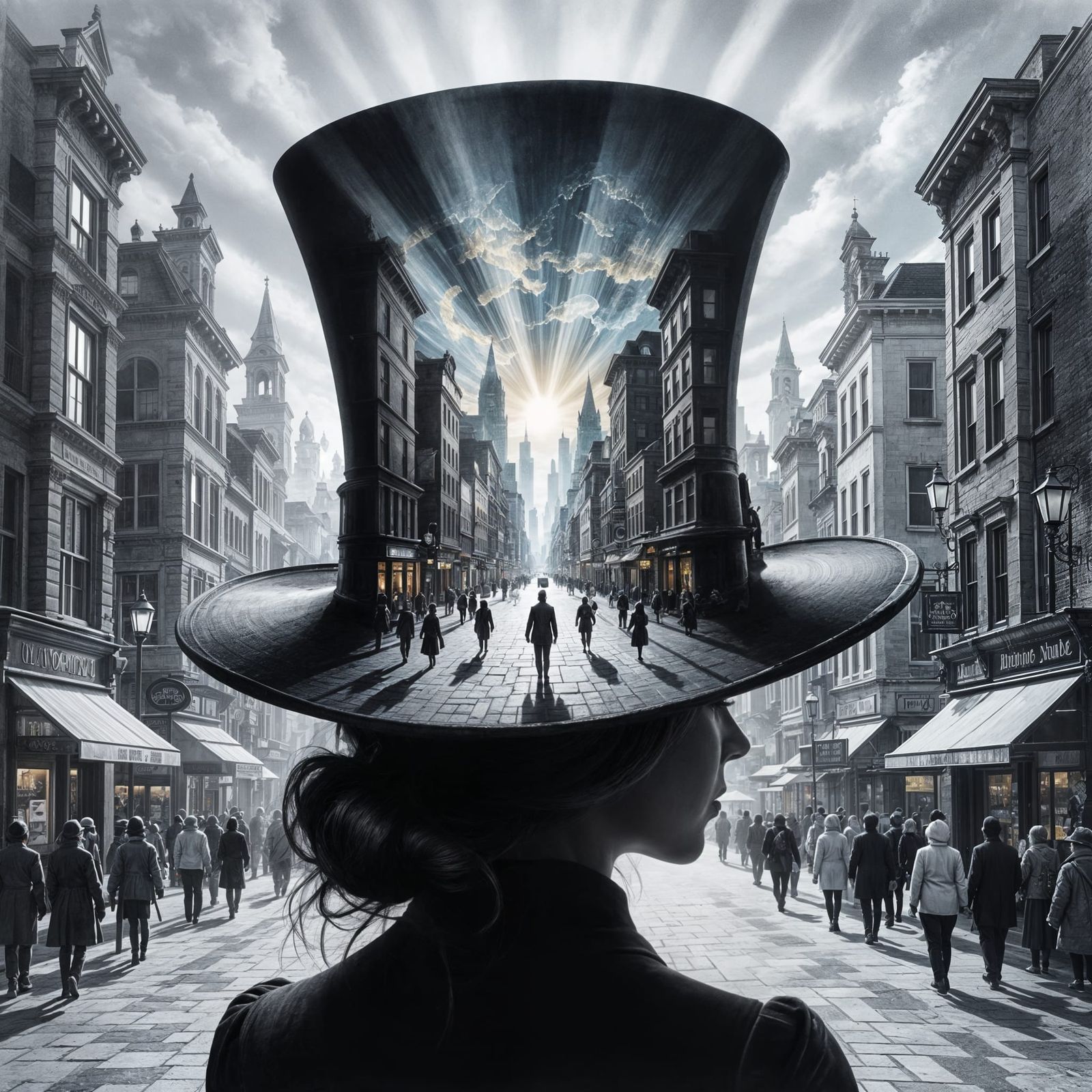 Surreal Town on Enchanted Hat Graphite Drawing