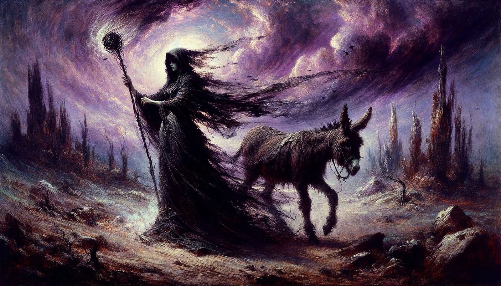 Sorceress Summons Storm in Romanticism Style