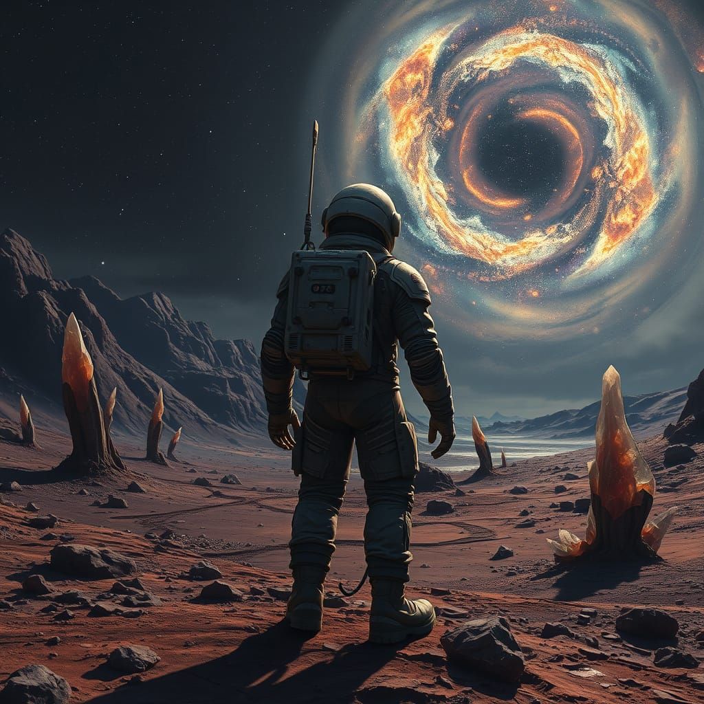 Astronaut Gazes at Nebula on Alien World