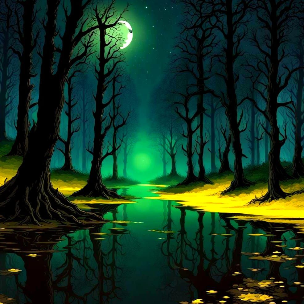 Dark Forest at Night with Glowing Eyes
