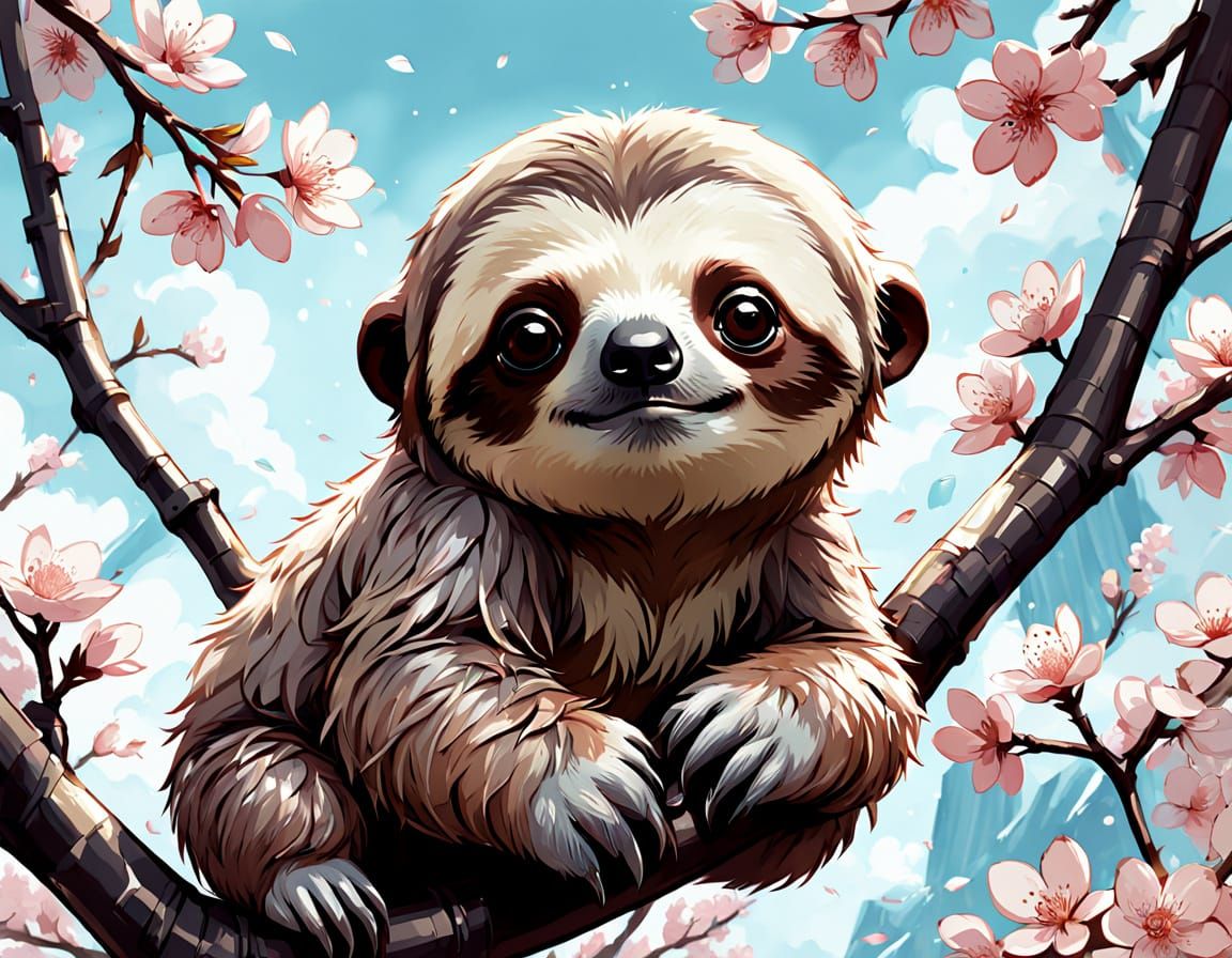 Chibi Sloth of Cherry Blossoms in Pastel Watercolor Style