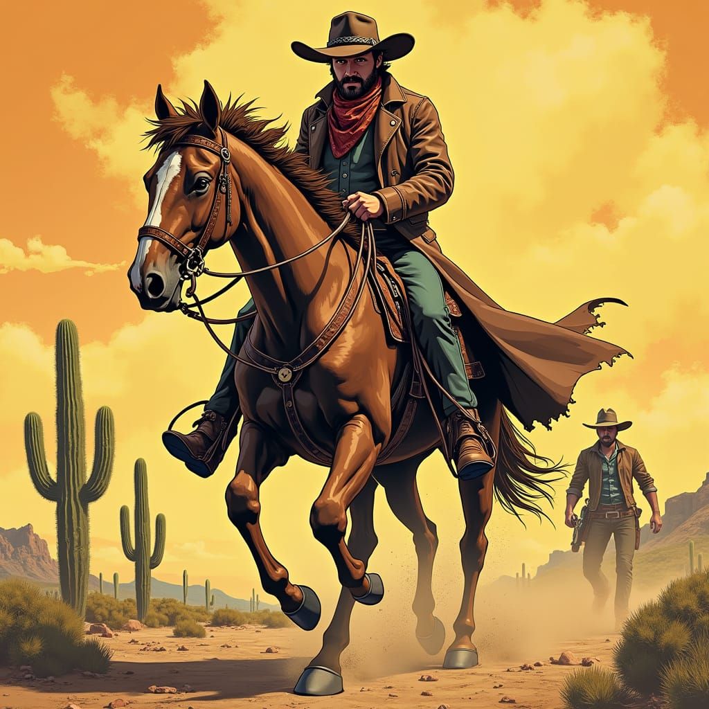 Rugged Cowboy Confronts Outlaws in a Vibrant Wild West Lands...