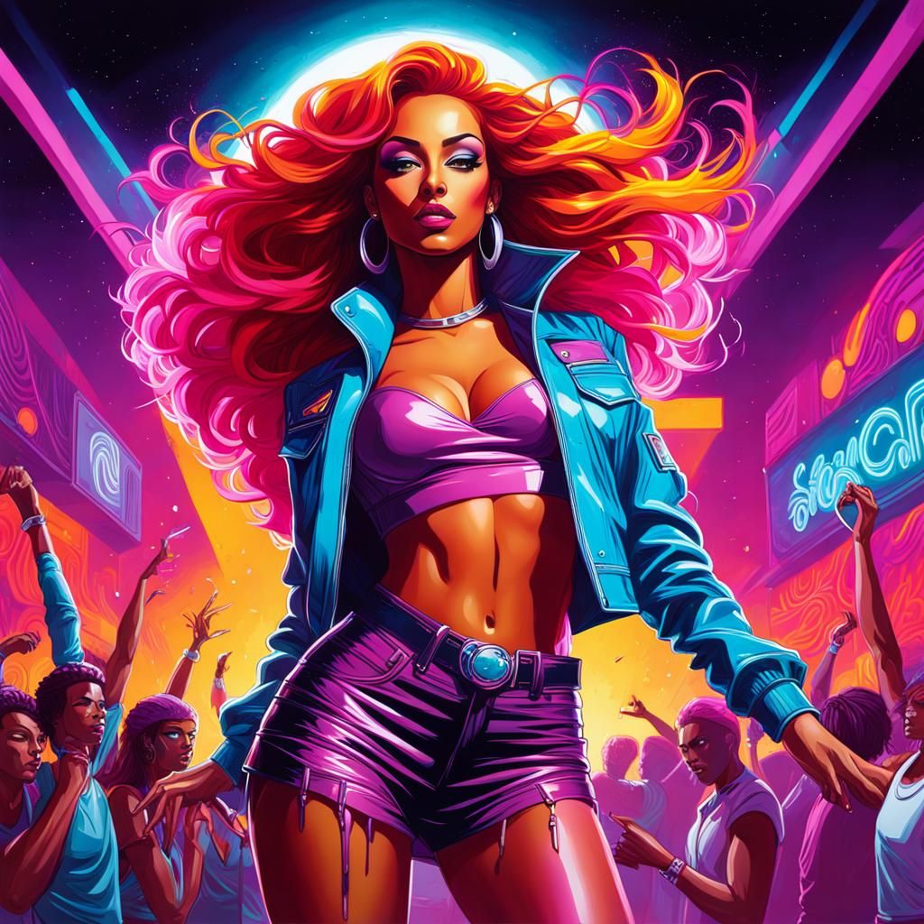 Starfire Dancing in Neon Synthwave Nightclub
