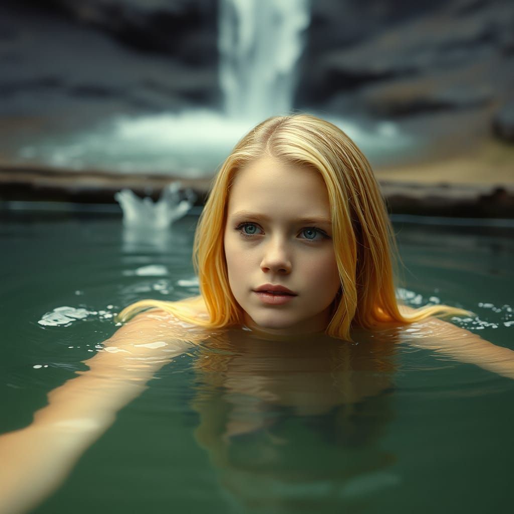 Blonde Woman Swimming in Jungle Lake with Waterfall
