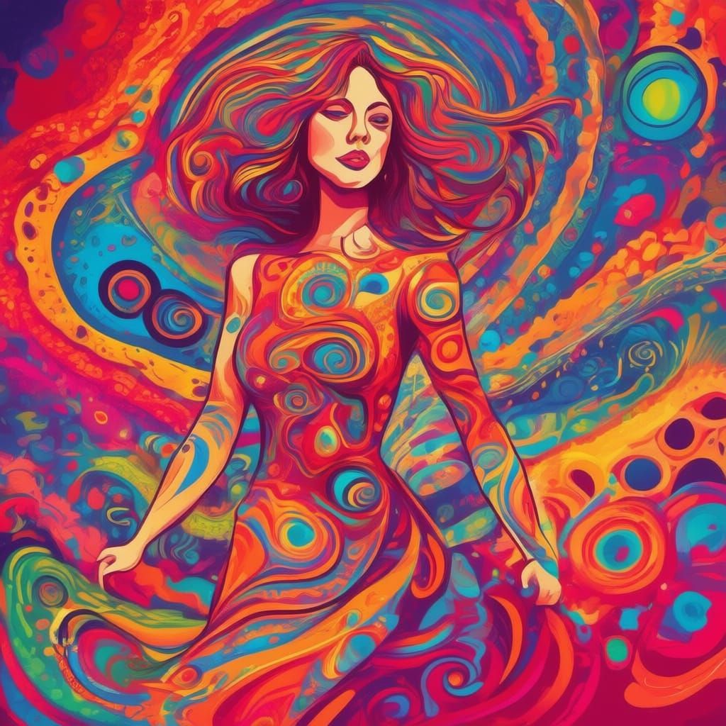 Iridescent Pinup Woman on Cosmic Island in Psychedelic Style
