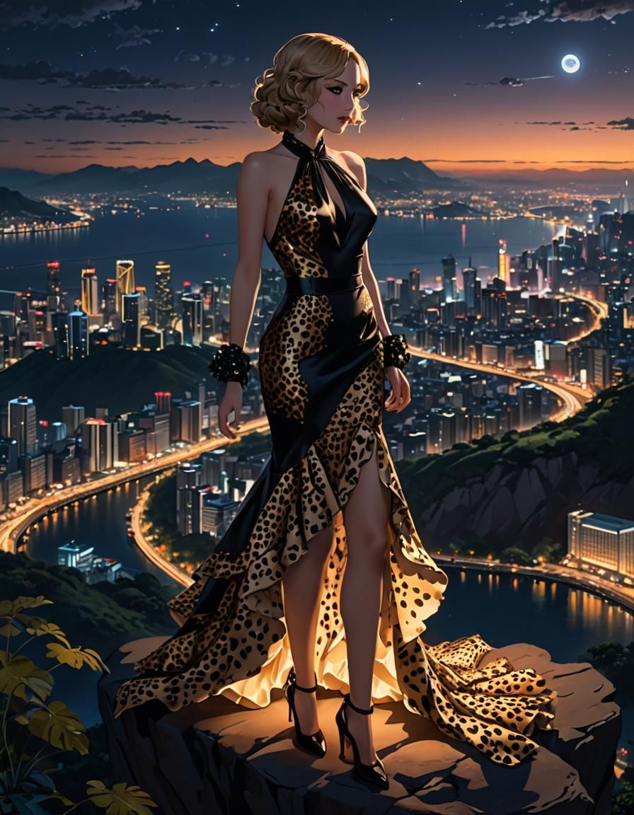 City View with Glowing Cheetah Print Suit, Anime Art