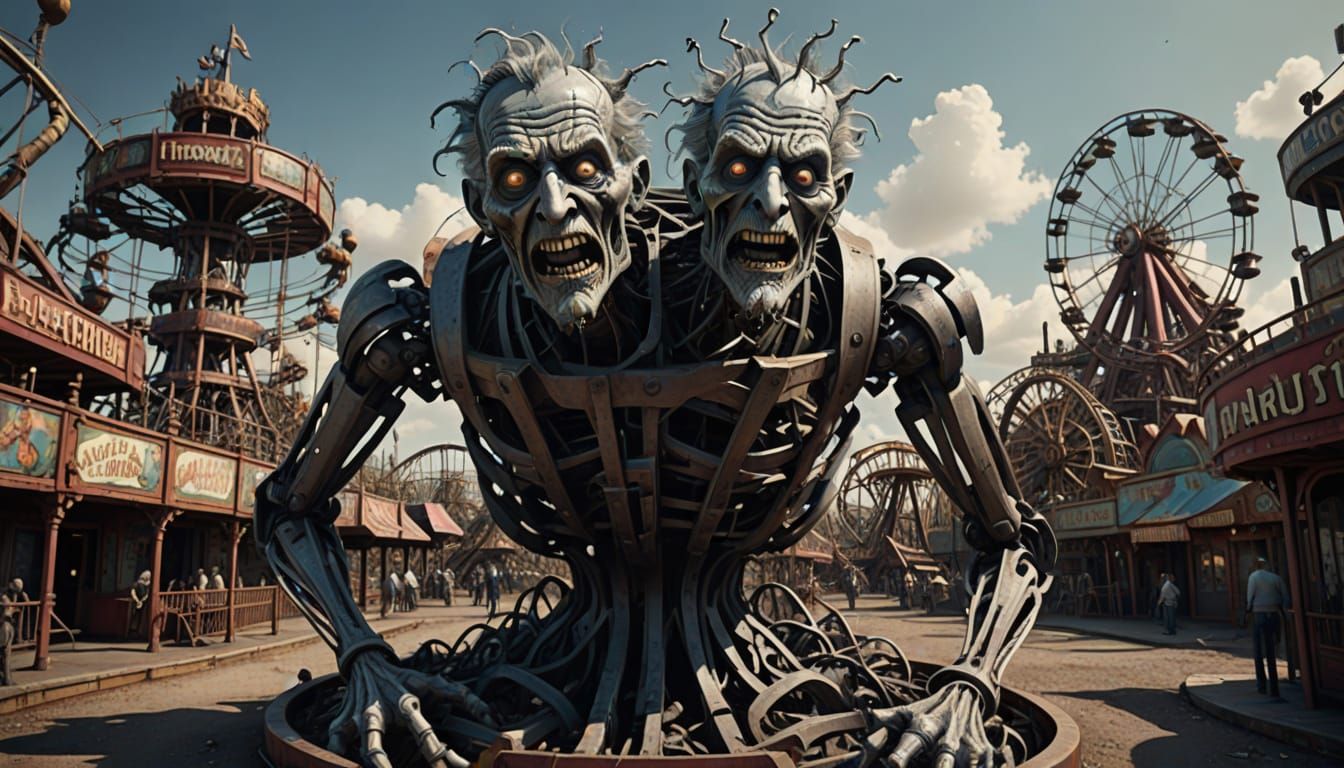 Surreal Amusement Park Ride in Abandoned Cyberpunk Style