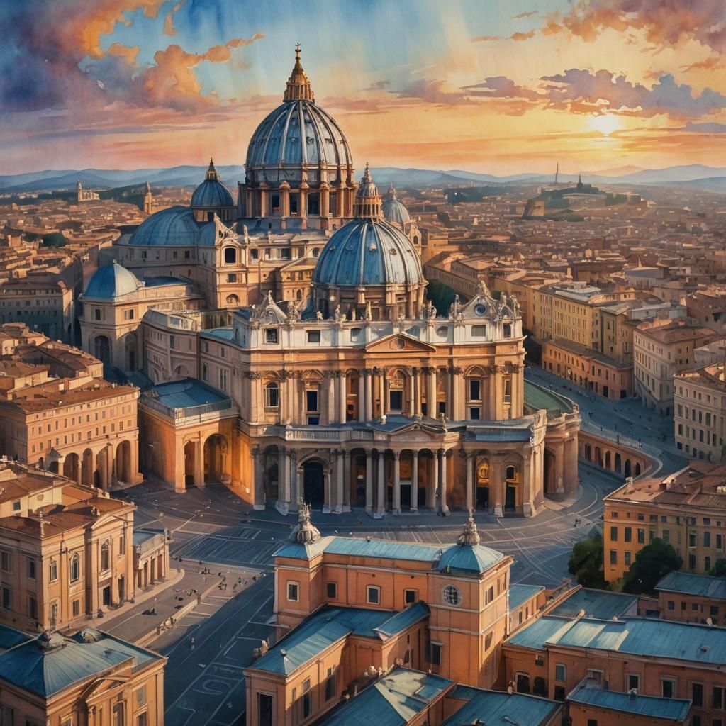 St Peter's Basilica: Watercolor Painting in Art Nouveau Styl...