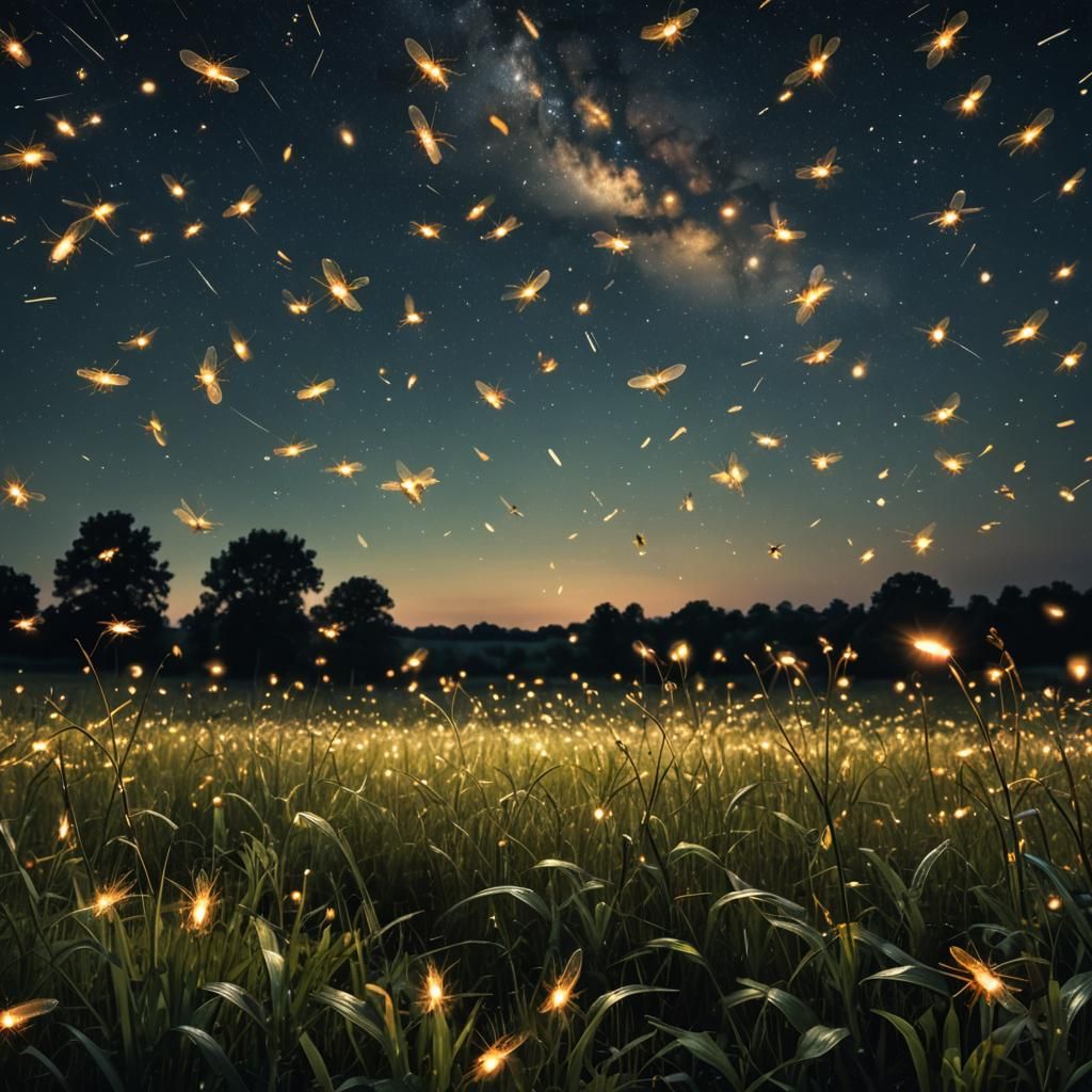 Fireflies Illuminate Night Field: Hyperrealistic Image