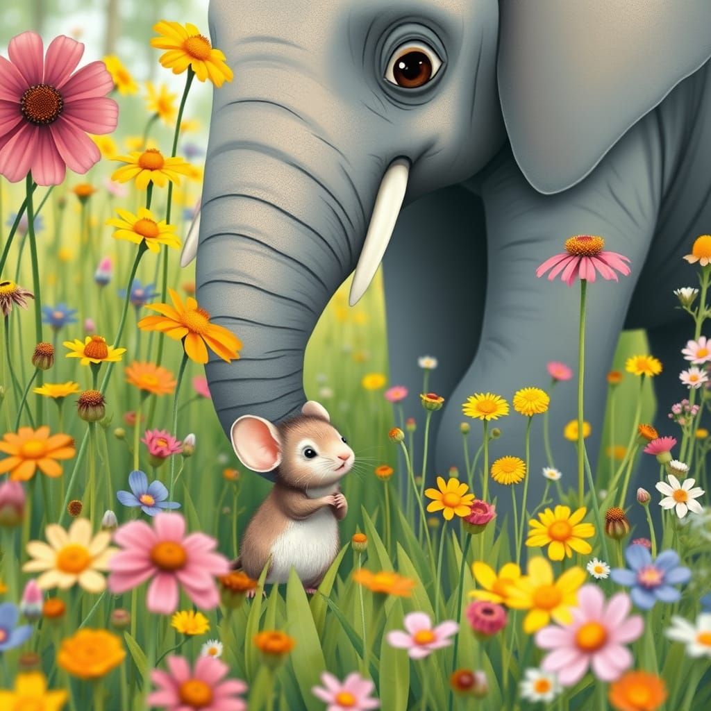 Mouse and Elephant Friends in Wildflower Meadow